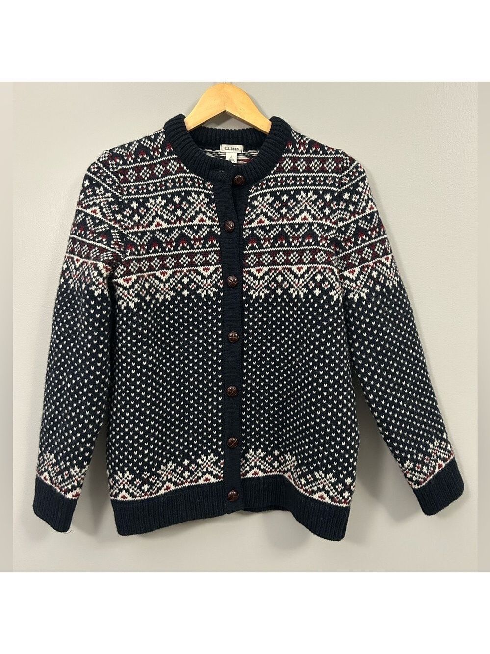 Vintage L.L. Bean Norway Wool Cardigan S Navy Nordic Birdseye Jacquard Fisherman